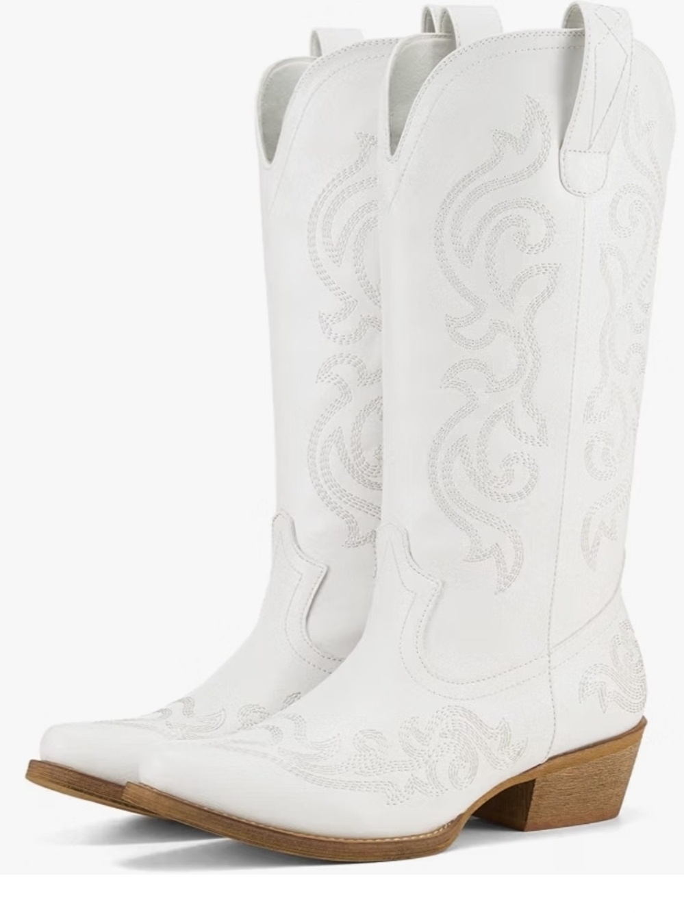 White Western Embroidered Knee-High Heeled Boots